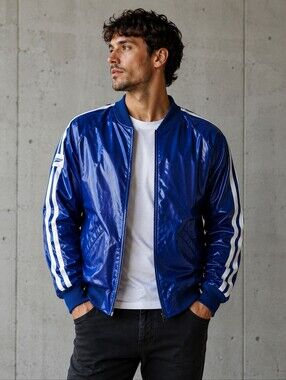 Vintage Speedo Blue Bomber Jacket with White Stripes Mens
